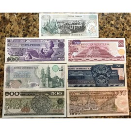 UNCIRCULATED MEXICO SET 7 BANKNOTES LOT 70'S 80'S 5 10 20 50 100 500 1000 pesos