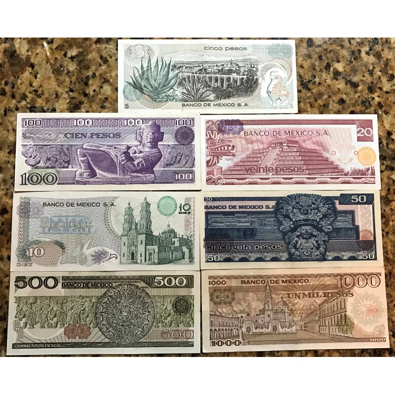 UNCIRCULATED MEXICO SET 7 BANKNOTES LOT 70'S 80'S 5 10