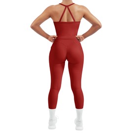 SUUKSESS Women 2 Piece Workout Sets Compression Tummy Control Leggings with Pockets Halter Built in Bra Tank Tops Sports Bra Scrunch Booty Lting Yoga Pants (Red, S)