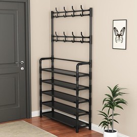 Entryway Freestanding Coat Rack, 3-in-1 Hall Multifunctional Storage Shelf with 5 Tier Shoe Metal Bench and 8 Hooks, Easy Assembly, for Entrance Fover Bedroom, Barthroom (Black), Springtok, BoyFriend Gifts