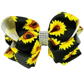 ZCYYYS Sunflower Bow Hair Clip for Women Girls, 6'' Large Double Layer Grosgrain Hairpin with Rhinestone Barrette, Elegant Hair Accessories TSFJ77 (Black Yellow)