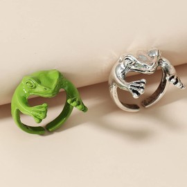 Kysin Chiys 2 Pcs Green Silver Frog Open-Rings for Women Cute Colorful Frog Animals Aesthetics Jewelry for Birthday/New Year/Christmas Gifts (Green+Silver)