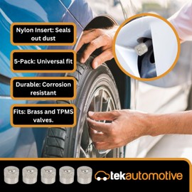Tek Automotive Pack of 5 Universal Fit Tyre Valve Caps with Nylon Insert – Dust Caps for Car Tyres Dust-Proof and Corrosion-Resistant Schrader Valve Compatible, Car Wheel and Tire Valve Caps