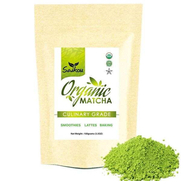 Saikou Matcha Green Tea Powder 100g Classic Culinary Grade USDA Organic Certified Green Colouring Food for Lattes Smoothies Baking Vegan Gluten-Free