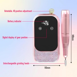 Professionelle Elektrisch Nagelfräser, 45000 RPM Elektrische Nagelfeile für Gelnägel, Wiederaufladbar Tragbare Elektrische Nagelfräser, LED-Anzeige, Einstellbare F/R Drehrichtung Nagelfräser