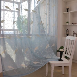 SLOW SOUL Set of 2 Panels Blue 3D Elegant Embroidered Birds Luxury Sheer Curtains for Bedroom Living Room Farmhouse Drapes Curtain with Rod Pocket White 52W X 84 inch Length