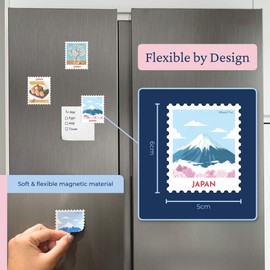 Navy Peony Japan Magnet Set - Hand-Illustrated Postage Stamp-Style Fridge Magnets, 5 x 6 cm, Set of 3