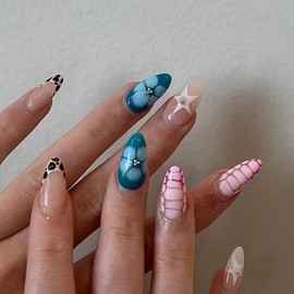French Press on Nails Almond Medium Fake Nails with Designs Leopard Stick on Nails Stars False Nails Flower Acrylic Nails Glossy Artificial Nails Full Cover Glue on Nails for Women 24Pcs