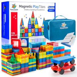 SUNNY AUNTIE Magnetic Tiles 125 PCS+ Bonus Zippered CASE, Kids Toy for 3 4 5 6 7 8 Year Old Boys & Girls, Magnetic Tiles Building Set, Great Gift for Kids Aged 3-8, XL Set
