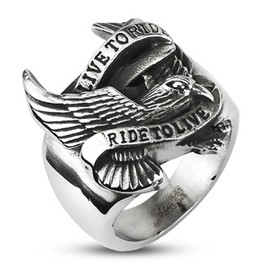 Autiga Live to Ride - Ride to Live Biker Ring Eagle Wings Men Stainless Steel, Stainless Steel