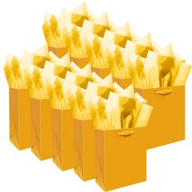 qiqee 10PCS Bright Yellow Mini Gift Bags with Tissue Paper Handles 6.3"x4.7"x2.4" Small Size Present Party Favor Bags（ 30pcs Tissue Paper ）
