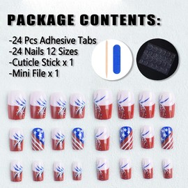 24Pcs French Tip Press on Nails Medium Coffin Nails Independence Day Fake Nails Glue on Nails White Star Acrylic Nails Design French Tip Fireworks Star 4th of July Patriotic False Nails for Women