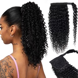 Annora Kinky Curly Ponytail Human Hair Extensions for Women Magic Paste Brazilian Curly Human Hair Ponytail Unprocessed Remy Wrap Around Pony Tail Extension Hair Piece 1B Natural Black Color 12 Inches