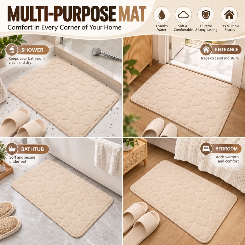 Microfiber Bath Mat for Bathroom – Water-Absorbing Cobblestone Embossed Design