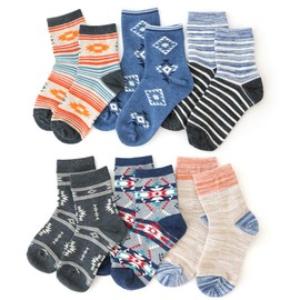 Box408 Children's Socks, Boys, Native Design, Crew Length Socks, Set of 6, 5.9 - 7.5 inches (15 - 19 cm), 7.9 - 9.4 inches (20 - 24 cm), gray beige blue orange
