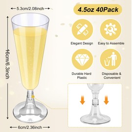 Enjamyo 40 Pack Plastic Champagne Flutes,4.5 oz Disposable Champagne Glasses,Clear Plastic Toasting Glasses for Parties Toasting Birthday Wedding Party Cocktail Cups Bulk