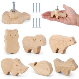 Palmcee Cabinet Drawer Knobs, 6 Pack Animal Wood Door Drawer Handles with Screws for Children's Room Cute Solid Drawer Knobs for Kids Room, Log Color Wooden Handles for Cabinets