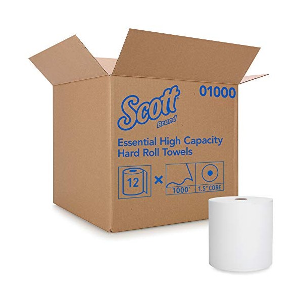Scott Essential High Capacity Hard Roll Paper Towels (01000), White, 12 Paper Towel Rolls / Case, 1,000' / Roll, 12,000' / Case