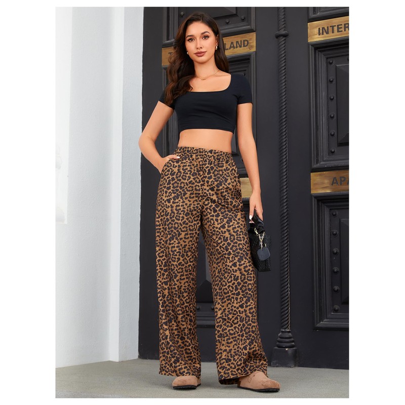 OYOANGLE Women's Leopard Print Elastic High Waist Long Pants Cheetah