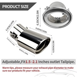 Universal Chrome Exhaust Tip, 1.5"–2.1" Inlet, Stainless Steel, Adjustable Car Muffler Decorative Tip, Fits Pipes with 1.5–2.1" Diameter, 2.24" Outlet, 5.76" Long, Straight Pipe Kit (Curved)