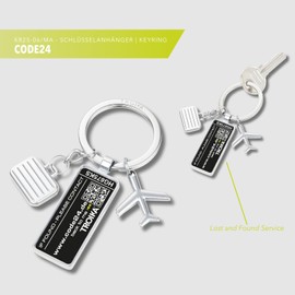 TROIKA CODE24 Keyring - 3 Charms: Airplane, Suitcase and Badge - Includes 2 Year Free Lost Lost Service After Registration - Cast Metal - Chrome Plated - Silver, silver colours