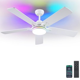 Kviflon 52 Inch RGB Ceiling Fans with Lights and Remote/APP Control, Modern White Ceiling Fan for Bedroom Living Room Patio Porch Indoor Outdoor, Reversible Quiet Motor, 5 Wood Blades, White