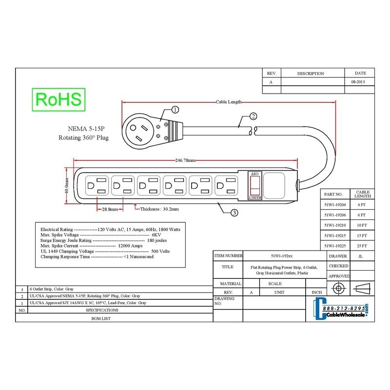 CableWholesale 845-51W1-12204 Flat Rotating Plug, Surge/Modem Protector, 6 Outlet, Black,