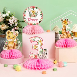 Young Wild and Three Birthday Decorations for Girl, Safari Centerpieces for Tables, Double-Sided Printing Pink Jungle Safari Animal Centerpiece Honeycomb for Table Safari 3rd Birthday Decorations