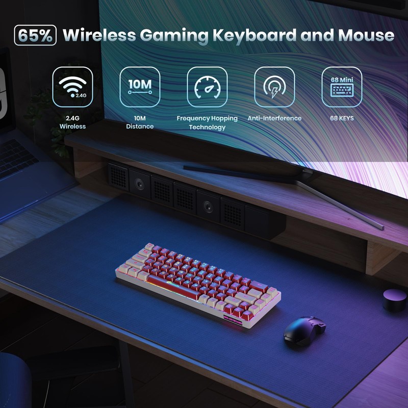 GEODMAER 65% Wireless Gaming Keyboard, LED Backlit Gaming Keyboard, 68
