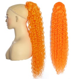 BALINGHAIR Deep Wave Ponytail Extension for Women 24 Inch Orange Curly Wavy Ponytail Hair Extensions Drawstring with Clips Short Synthetic Hairpiece for Daily and Party