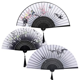 3 PCS Handheld Folding Fans Bamboo Silk Fabric Cloth Folding Fans Chinese Japanese Hand Holding Fans Wooden Handheld Fans With Tassel for Wall Decoration Birthday Gifts Wedding Party Props Women Girls