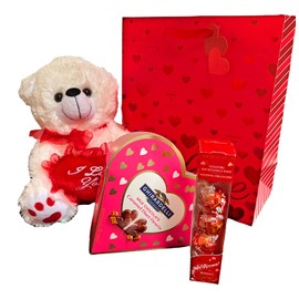 Valentines Day Gift Set/ With 10 Teddy Bear (Color May Vary), Ghirardelli Milk Chocolate Caramel Duet Hearts, Lindt Lindor Irresistibly Smooth Milk Chocolate and Valentine Gift Bag
