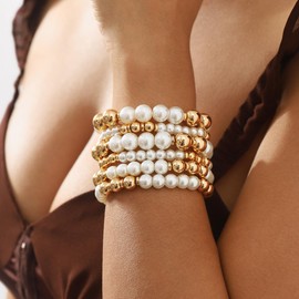BERYUAN Dainty Pearls Gold Beads Bracelet Pearls Bracelet for Women Gold Beads Bracelet Stack Beaded Bracelets for Women Baroque Pearls Gold Beads Brecelet for Women(6pcs), 7.5inch, Metal,