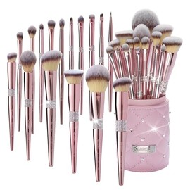 Bueart Professional Makeup Brush Set, 16 Pieces Rose Gold with Rhinestone Handles, Pink Storage Holder