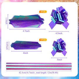 Fuyoooo 16 Pcs Christmas Iridescent Wrapping Paper 17 x 472 Inch Metallic Holographic Wrap Paper Roll with Gift Pull Bow Kit Rainbow Wrapping for Xmas Valentine's Day Birthday Gift Wrap(Purple)