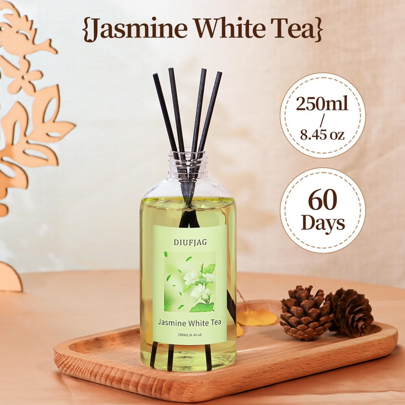 Jasmine White Tea Reed Diffuser with 20 Black Fiber Sticks,