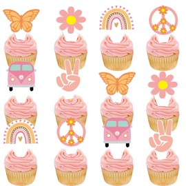 JAVON 48pcs Hippie Party Cupcake Toppers - Groovy Party Decorations for Flower Girl's 2nd Birthday Party, Boho Rainbow Theme Party Supplies(Pink-Groovy)