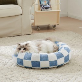 Ohocut Checkered Cat Dog Bed, Cute Blue Retro Style Aesthetic Round Warming Pet Calming Beds for Small Dog and Cats, Plush Cozy Donut Beds Washable, 23" L x 23" W x 8" Th