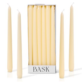Bask 10-inch Taper Candles - Unscented and Dripless - Burns for 8 Hours - Home Decor for Dinner Table, Kitchen, and Bedroom - Perfect for a Romantic Date or Anniversary - 12-Pack - Ivory