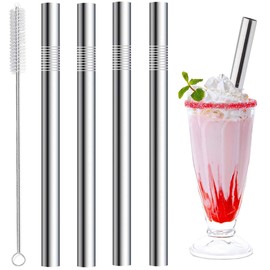 Vinaco Stainless Steel Smoothie Straws, 0.4'' Wide Reusable Metal Drinking Straws for Milkshake, Smoothie, Beverage, Set of 4 with 1 Cleaning Brush