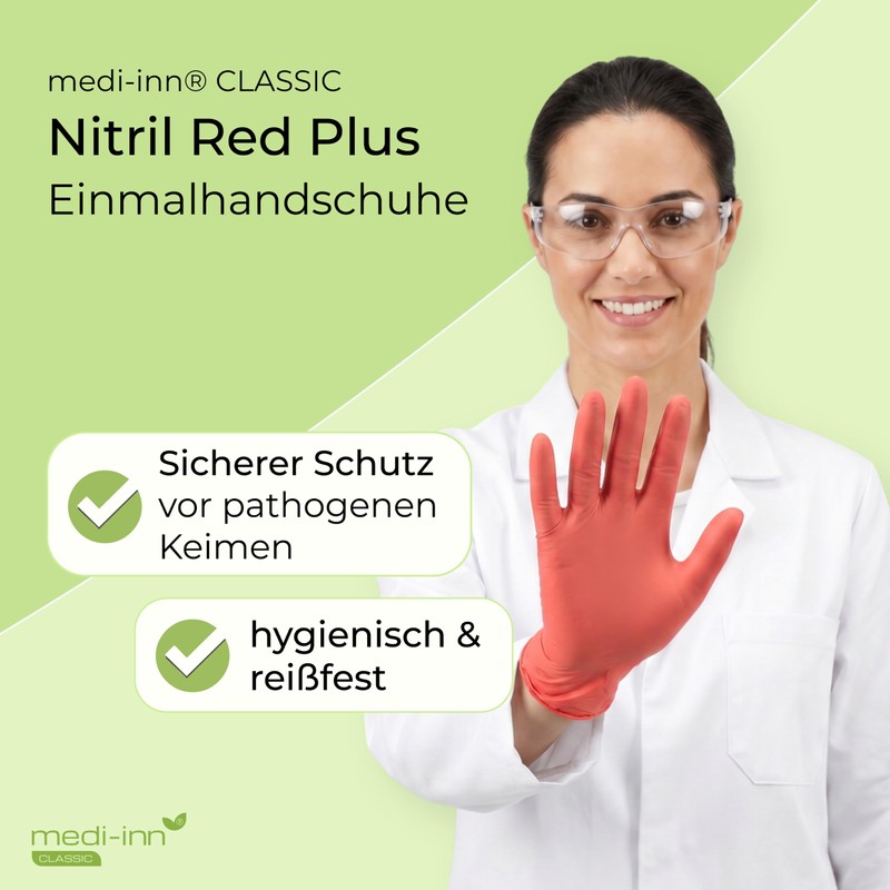 Medi-Inn Nitrile Red Plus Disposable Gloves, Powder-Free, Size M, Pack