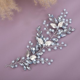 Teyglen Crystal Bride Wedding Hair Vine Headband Silver Leaf Blue Rhinestone Headpiece Wedding Hair Accessories Bridal Blue Crystal Pearl Headband Hair Piece for Women Girls (Mint Blue)