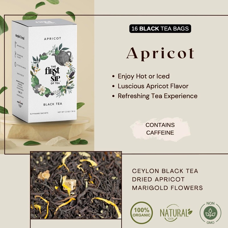 Apricot Black Tea Pyramid Tea Bags, High Caffeine, Hot &