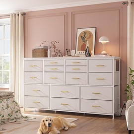 Raybee Furniture Dresser TV Stand with 16 Storage Drawers, 3 Power Outlets, Water-Resistant Top, Multifunctional Design for Living Room & Bedroom - Color: White