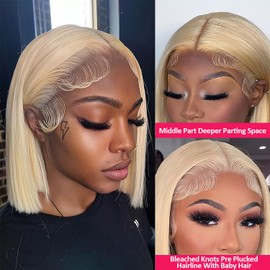 XFJT 613 Bob Wig Human Hair 8 Inch 13x4 Hd Transparent Lace Front Wigs Human Hair Pre Plucked Glueless 180% Density Short Straight Bob Wigs For Women