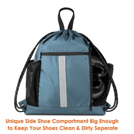 BeeGreen Blue Sport Cinch Bag String Backpack with Shoe Compartment and Two Side Mesh Pockets Machine Washable Sturdy Gymsack Drawstring Sackpack