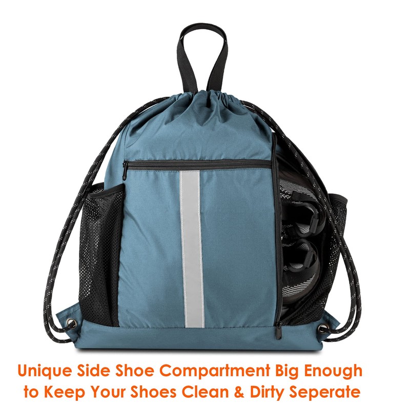 BeeGreen Blue Sport Cinch Bag String Backpack with Shoe Compartment