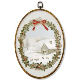 XPH Rustic Christmas Lamb Oval Wall Art Framed, Rustic Winter Landscape Oval Wall Decor, Farmhouse Cozy Winter Wreath Hanging Canvas Prints for Home Bedroom Living Room Decoration, 8.6x11.4 Inch