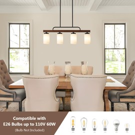 Farmhouse Dining Room Light Fixture Over Table, Black 4-Light Wood Kitchen Island Lighting with Milk White Glass, Industrial Linear Chandelier Pendant Lights