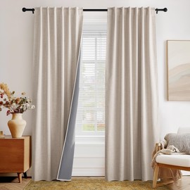 PONY DANCE Natural Linen Blackout Curtains 84 inch Length 2 Panels Set,100% Black Out Curtains for Bedroom Living Room Darkening Window Drapes Thermal Insulated Back Tab Rod Pocket(52x84, Beige/Ivory)
